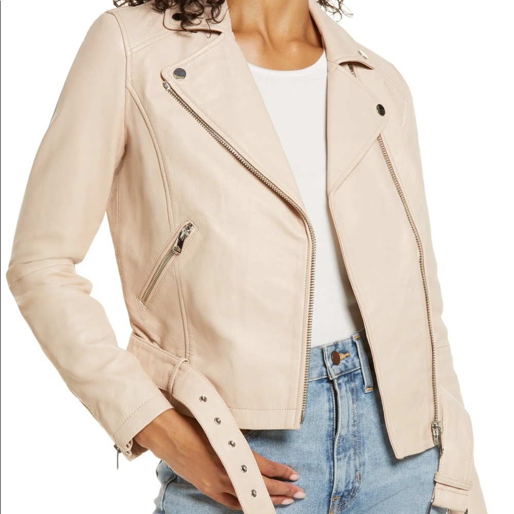 rachel parcell leather moto jacket in pink bliss